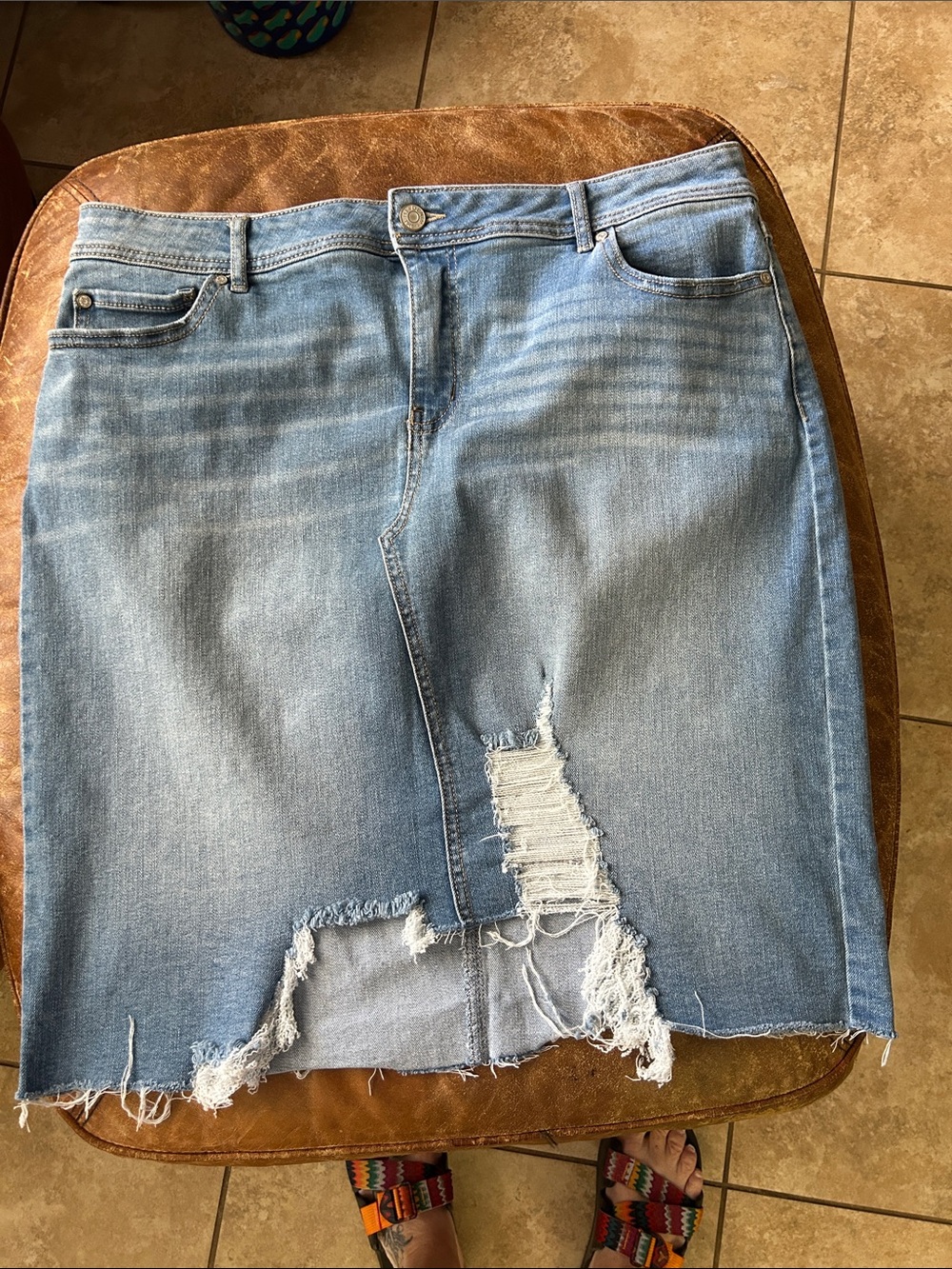 Light Blue Distressed Denim Pencil Skirt